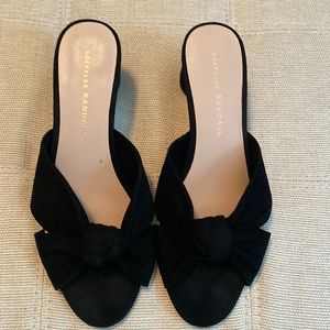 Loeffler Randall suede bow slides.